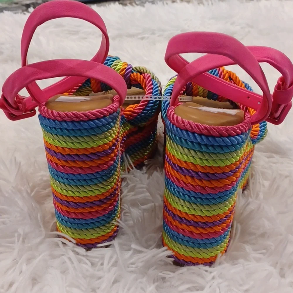Gianni Bini Rainbow Striped Platform Sandals with Pink Straps